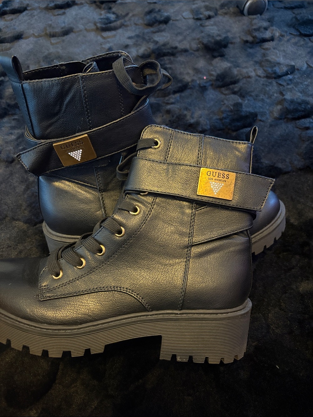 GUESS Black Lace-Up Combat Boots with Branded Strap Patch